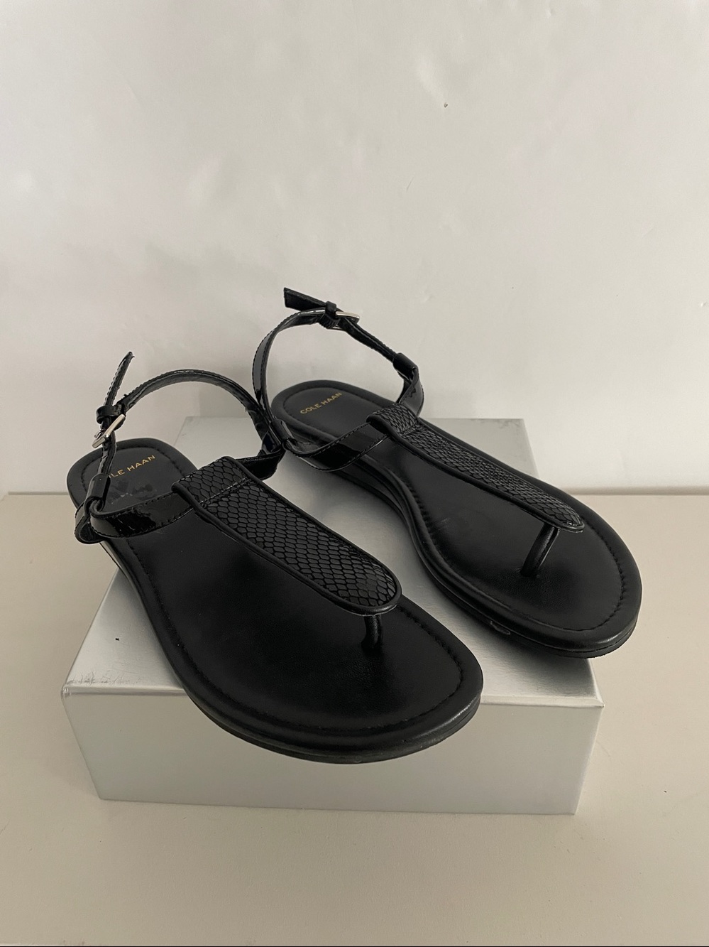 Cole Haan Black Patent Leather Snake Thong T Strap Flat Sandals
6M